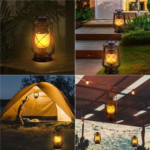 Solar Lantern Outdoor Hanging Solar Lights Dancing Flame Led Waterproof Camping - Picture 4 of 7
